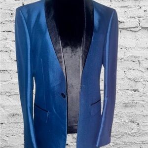 Preloved Young Mens Blue Tuxedo Suit with Black Lapel and Modern Fit